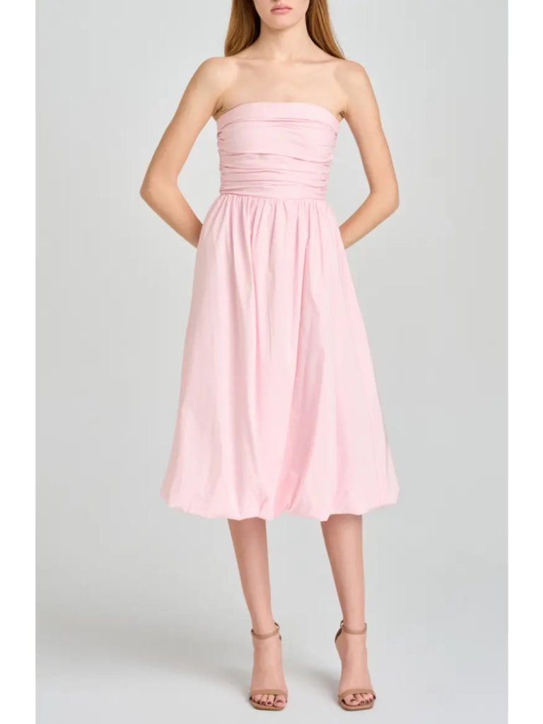 Wayf Katherine Bubble Hem Stretch Cotton Midi Dress Pink Strapless Size M Nwt